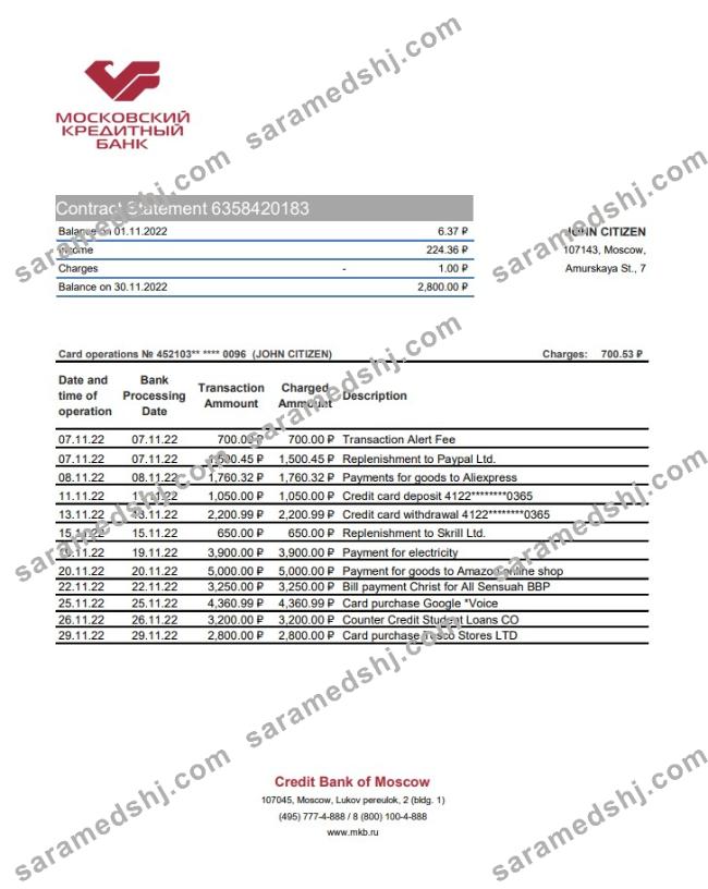 Russia Credit Bank of Moscow bank statement xls